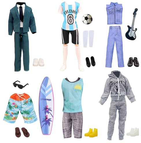 16 Kleidung und Zubehör Kompatibel mit Ken 12 Zoll = 6 Oberteile + 6 Hosen + 6 Paar Schuhe + Brillen + Fußball + Trophäen + Surfbrett für 12 Zoll Jungen Puppen