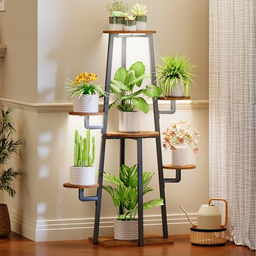 HOOBRO Estantería Interior para Plantas con Lámpara de 3 Cabezales, Soporte Abierto para Flores, 9 Niveles de Brillo y 5 Modos de Iluminación, Salón, Balcón, Marrón Rústico y Negro EBF04DHJ01
