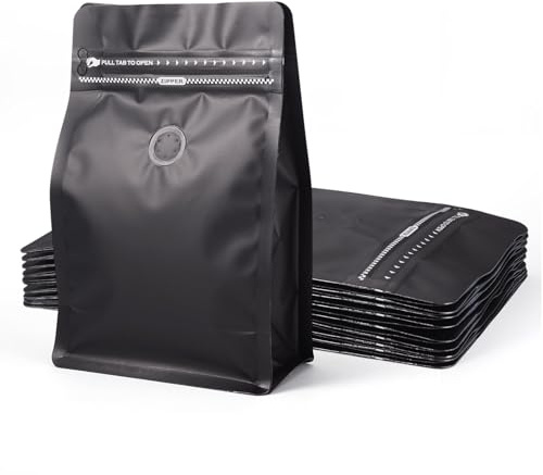 Crafans 10 sacchetti per caffè in chicchi di caffè con valvola, rettangolari, con cerniera, fondo piatto, richiudibili, lato termosigillante, per conservare caramelle e biscotti, colore nero