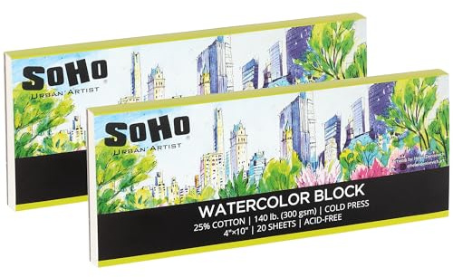 SoHo Urban Artist Watercolor Block 4x10-2 Pack - 140lb 40 Sheets Total Cold Press, Professional, Sustainable, Acid-Free