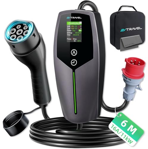 EVTRAVEL Mobile Wallbox/Ladestation 11KW Typ 2 Ladekabel [3-phasi|8-16A], Auto EV Ladegerät Ladekabel Typ 2 auf CEE 16A Stecke, Zeitfunktion & IP65 Wasserdicht für EV PHEV IEC 62196-2 (11KW, 6M)