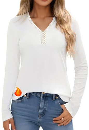 Crewhpo Camiseta Térmica Mujer Manga Larga Algodón Camiseta Interior con Encaje Cuello en V Camisetas Termicas Básica Top Ropa Termica Invierno