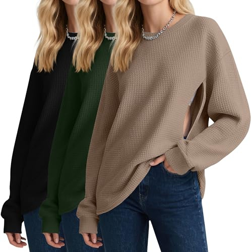 Oakgarden 3 Pack Women's Oversized Nursing Tops, Waffle Knit Breastfeeding Zipper Sweatshirt Long Sleeve Maternity Shirts(Coffee, Army Green, Black,Medium)