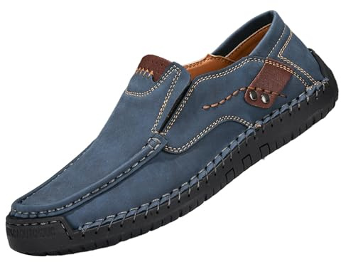 Generiska Loafers herr beige, fritidsskor herr platta bönor skor slip-on arbetsskor casual båtsportskor mjukt läder affärsskor lätta halvskor stor storlek Monkstrap skor, blå, 47 EU