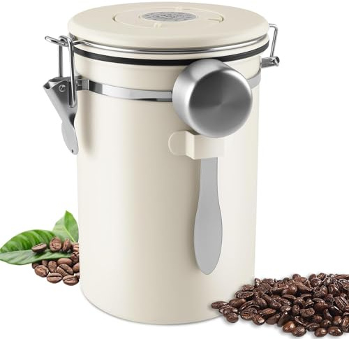 Kaffeburk lufttät i rostfritt stål, 1,8 l kaffeburk, lufttät, kaffebönebehållare, kaffeburk, med mätsked och datumvisning, för kaffebönor tenötter kakao längre och fräscha, vit