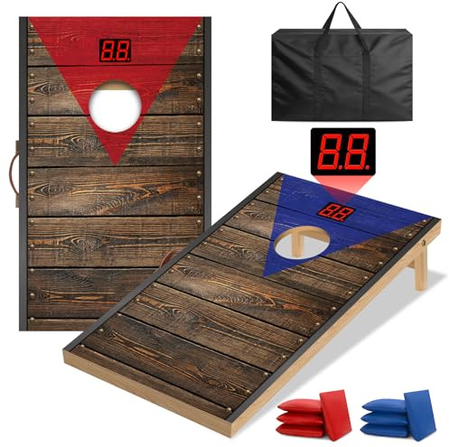 NZQXJXZ Set di Gioco Cornhole Aggiornato con Contatore Automatico del Punteggio, 90 x 55 cm Tavole Cornhole Premium in Legno Massello con 8 Sacchetti di Fagioli e Borsa per il Trasporto