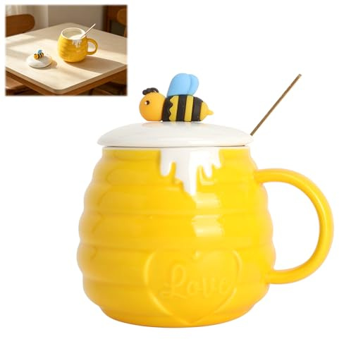 Carina tazza da caffè 400 ml a tema ape – Tazza da caffè in ceramica di colore giallo con coperchio e cucchiaio, dolce tazza da ufficio come tazza per latte e cacao, tazza regalo per donne, ragazze