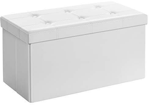 SONGMICS 76 cm Sitzbank mit Stauraum, Sitztruhe, Aufbewahrungsbox, Fußhocker, faltbar, gepolstert, Bezug aus Kunstleder, bis 300 kg belastbar, klassikweiß LSF106, Weiß