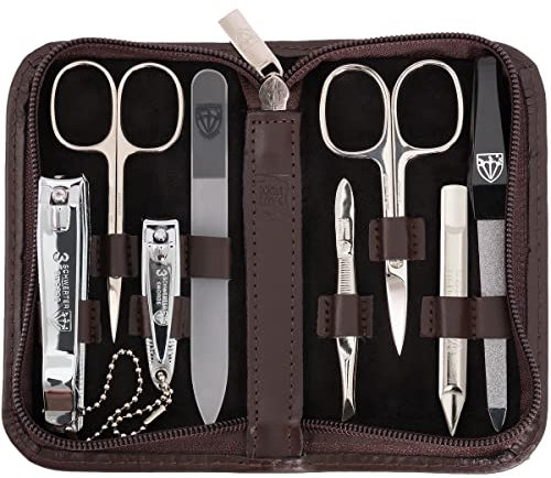 DREI SCHWERTER - Maniküreset 'Roma' - Nageletui mit 8 Instrumenten: Nagelschere, Hautschere, Fuß/Finger-Nagelknipser, Nagelreiniger, Pinzette, Glasnagelfeile, Saphirnagelfeile - braun-ECHTLEDER