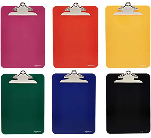 Amazon Basics Klemmbretter, Kunststoff, mit Metallklemme, Buchstabe, 6 Stück, US Buchstaben, Mehrfarbig