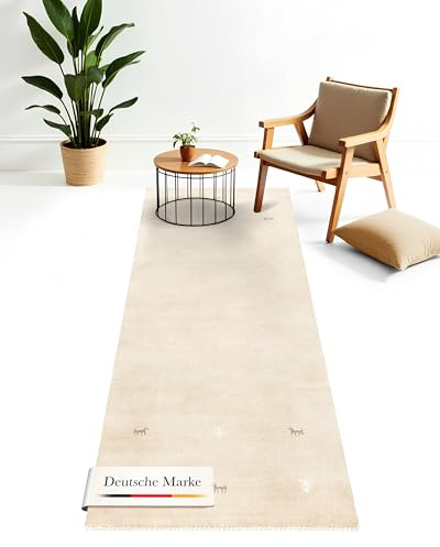 carpetfine Wollteppich Gabbeh Uni Läufer Beige 75x200 cm | Moderner Teppich für Wohn- und Schlafzimmer