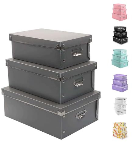 XUCHUN Foldable Storage Baskets, 3 Piece Multiple Sizes Small/Medium/Large Waterproof Plastic Box with Lid for Shoes Grey