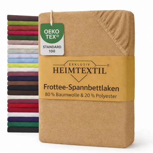 EXKLUSIV HEIMTEXTIL Frottee Spannbettlaken Marke 200 x 220 cm 80% Baumwolle, 20% Polyester Öko - Tex Zertifiziert, Markenqualität, Matratzenhöhe bis 35 cm, Sand