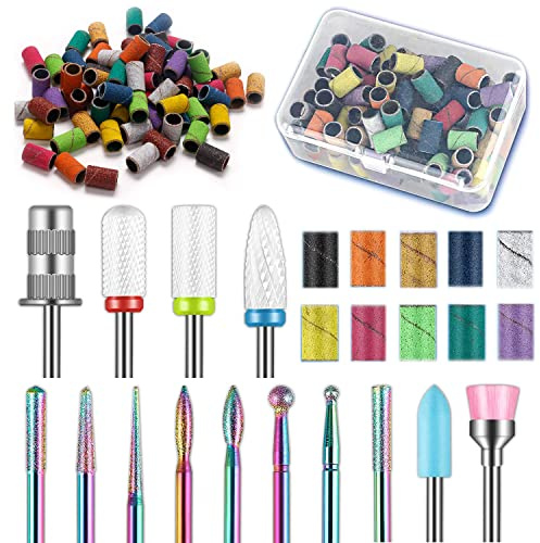 13 punte per trapano per unghie+100 fasce abrasive in 10 colori+1 punta a mandrino, set di punte per unghie Cremaic Damiand da 3/32, punte professionali per unghie in gel acrilico, manicure pedicure