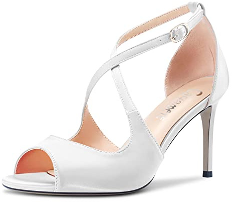 Castamere Donna Spillo Alto High Tacco Heel Aperte sulla Punta Cinturino Incrociato Sandali da Matrimonio Feste Dress 8 CM Heels Bianco Raso 37 EU