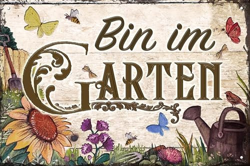 LUCKYLINDE - Targa in metallo resistente alle intemperie, cartello da giardino – Bin im Garten – Targa per porta, 20 x 30 cm