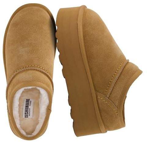 CUSHIONAIRE Huggy-2 Platform Slippers for Women, Cozy Genuine Suede Slip-On Ankle Boots for Indoor Outdoor Wear, Womens Slippers, CHESTNUT 8