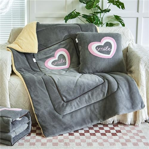 Hixingo Reisedecke und Kissen 2 in 1, Reisedecke mit Kissen Set Multifunktionale Reise Decke und Kissen 2 in 1 Weichem Flugzeug Verwandlungskissen für Urlaub, Camping (50 * 50cm,Liebe-Grau)