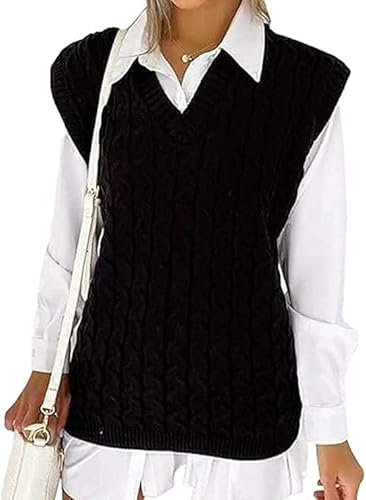 Women's Ladies Cable Knit Sleeveless Vest Knitted Jumper V Neck Tank Top Chunky Sweaters Pull Over Casual Plus Size 8-22 UK (Black, 16-18)