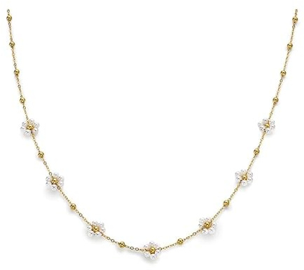 NICANDRA Collana Donna Oro Placcato 14 Kt con Perline e Fiorellini Bianchi - Girocollo in Acciaio Inossidabile Regolabile 38-46 cm - Made in Italy