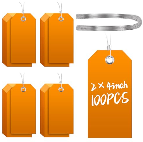 COIHAF 100 st stora fraktetiketter i plast med trådfäste, kraftiga tomma vattentäta etiketter med snöre för lager, utomhusmärkningsutrustning 4 3/4 tum x 6 3/8 tum (orange)
