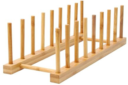 HarttiHome Plato de madera de bambú, soporte para platos, escurridor vertical, armario de cocina, organizador para vajilla, ollas, tapas, cuencos, tazas, tabla de cortar, organizador de armario de