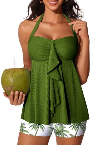 Summer Mae Halter - Traje de baño tankini para mujer 2025 con parte superior fluida, trajes de baño de dos piezas con bolsillos, pantalones cortos, Sombra de palma de hoja, Large