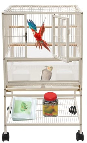 Vogelkäfig für kleine und mittlere Vögel, Wellensittich-Käfig, Papageienkäfig mit Schmutzwanneneinsatz, 2 Futternäpfen und 4 Rollen