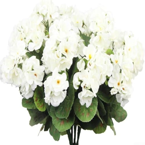 Vita konstgjorda pelargon för utomhusbruk, 35 cm konstgjorda sidenblommor, falska pelargon blommor, för trädgård, veranda, uteplats, heminredning (vit)