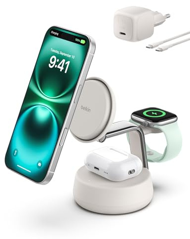 Belkin UltraCharge Pro Caricatore Wireless 3 in 1, Stazione di Ricarica Qi2 25W, Compatibile con MagSafe per iPhone 16, Apple Watch, AirPods, Pixelsnap con Ventilatore e Adattatore 45W, Sabbia