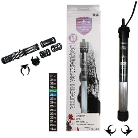 Hepo Glass Aquarium Heater [25-300w options] HP-605 Submersible Fish Tank Heater Bundle – Includes Protective Heater Guard & Digital Thermometer – Fully Adjustable Tropical/Saltwater Safety Kit (25w)