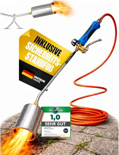 STAHLMANN® Unkrautbrenner [1850°] für effektive Unkrautbekämpfung – Abflammgerät aus Edelstahl - Unkrautvernichter mit regulierbarer Flamme (inklusive Gasschlauch)