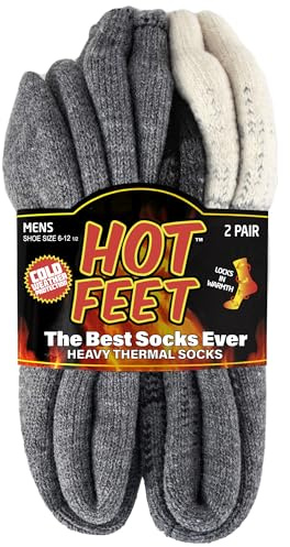 HOT FEET Thermal Socks for Men, Extreme Cold Weather, 2/4 Pack Thick Warm Socks for Men, Winter Insulated Socks, Size 6-12.5, 2 Pack, Gradient Gray/Black