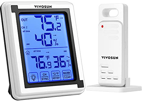 VIVOSUN Indoor Outdoor Thermometer Wireless Digital Hygrometer Temperature and Humidity Monitor with Touchscreen LCD Backlight, 200ft/60m Range, Battery Included