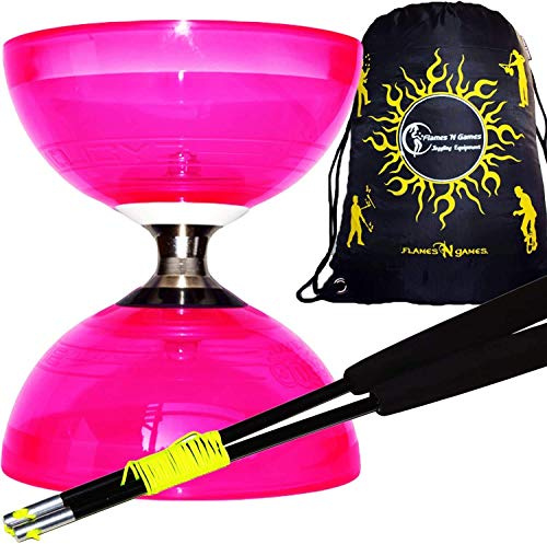 Juggle Dream Cyclone QUARTZ II Pro Diabolo Set (6Colours) Triple Ball Bearing Clutch Diabolos + Matching Coloured FIBRE Handsticks, Diablo String & Bag! (Pink + Black Sticks)