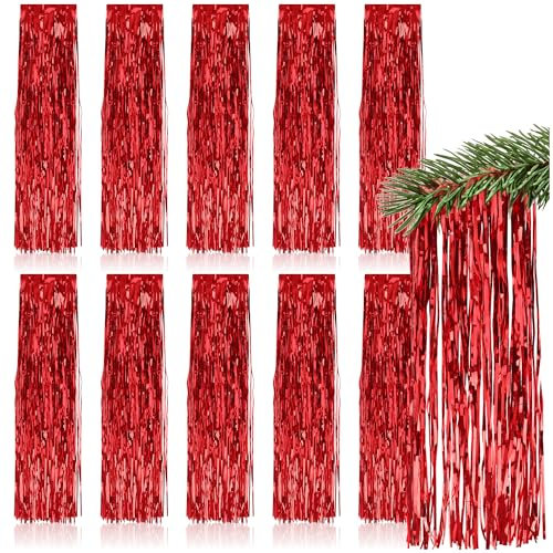 com-four® 10x Lametta Girlande für Weihnachten - Christbaumschmuck für den Tannenbaum - Vorhang Mit Glatten Fäden (Rot - 10 Stück)