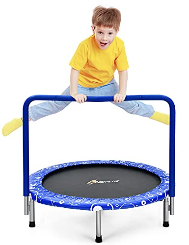 GOPLUS Trampolin Kinder Indoor, φ92cm Minitrampolin bis 150kg belastbar, Kindertrampolin klappbar mit Haltegriff, Fitness Trampolin für Jungen Mädchen ab 3 Jahre (Blau)