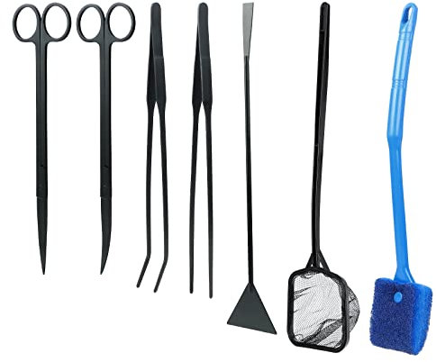 Coolty Aquatic Plant Aquascaping Tools Kit, Edelstahl-Scherenpinzette, Spachtel, Aquarium-Reinigungswerkzeuge, Aquarium-Starter-Kits mit Fischernetz und Aquarium-Algenschaber
