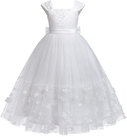IMEKIS Vestido de fiesta para niños y niñas, vestido de princesa, dama de honor, vestido de tul, primera comunión, cumpleaños, desfile, maxi largo, bowknot con volantes, tutú, Flor blanca., 3-4 Años