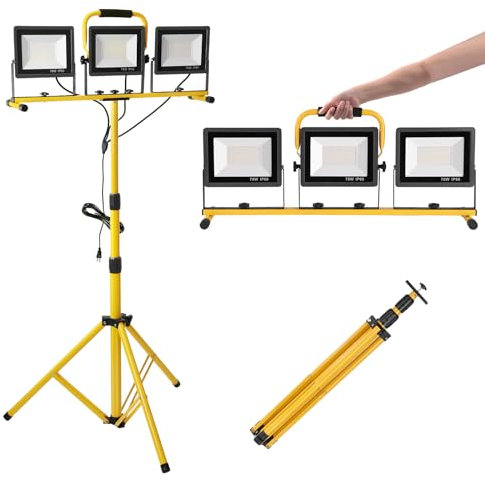 Yofuly Foco LED 3x 70W, Foco de Trabajo 21,000LM 6500K, Focos LED Portátil para Obras con Trípode Telescópico de Metal, Cable de 5M, IP66 Impermeable, Luz de Trabajo para Construcción