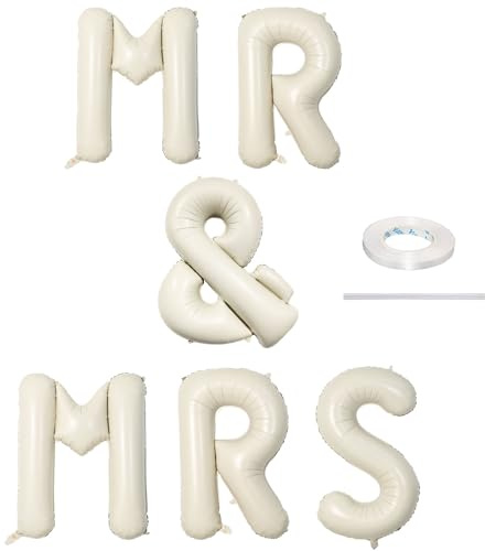 40 Inch Beige MR & MRS Balloons for Wedding Decor, Large Cream Mr and Mrs Foil Balloon Letter, Ivory White Sand Mr to Mrs Banner Sign for Bride Groom Engagement Couple Sweetheart Party Decorations