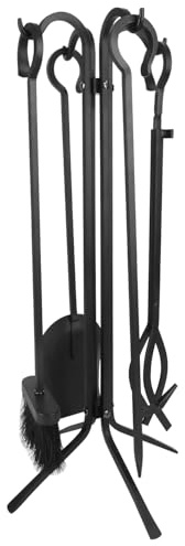 Nouetele companion set Heavy Duty Steel Fireplace Tool Set 5 Piece Set with Log Tongs Ash Shovel Poker Brush and Stand -Durable Heat-Resistant and Rust Proof Modern Black Design for Indoor/Outdoor Use