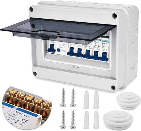 Sporway Unité de consommation 4 voies pour caravane, atelier, unité de consommation, boîte à fusibles en saillie, disjoncteur IP65, 63 A 30 mA RCD 4MCB 2 x 6 A+10 A+20 A+32