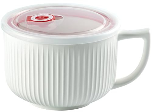 Hoilse Oversized Soup Bowl with Handle, 38oz Microwave Ramen Bowl with Lid, Jumbo Soup Mug for Ramen, Noodle, Cereals, Soup Container with Lid, Dishwasher Safe - (White)