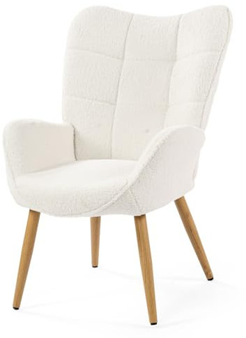 MEUBLE COSY Sessel Relaxsessel Lehnstühle Polstersessel Einzelsofa mit Holzbein Ohrensessel für Wohnzimmer Schlafzimmer Büro Vanity, Bouclé-Stoff, Beige