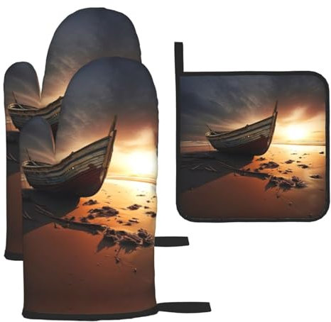 Boat On The Beach Christmas Oven Mitts And Pot Holders Gift For Family For Kitchen Baking,Heat Resistant,Set Of 3