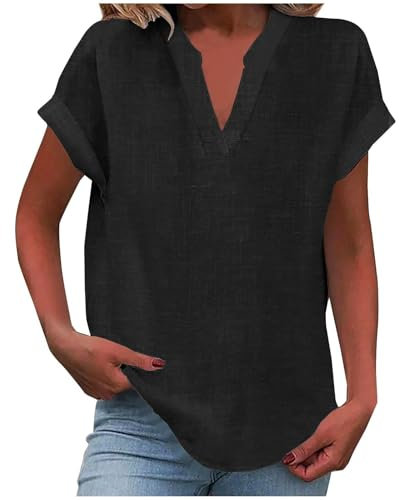 SCBFDI T-Shirts à Manches Courtes Femme Col en V Ete Décontracté Couleur Unie Haut Respirant Grande Taille Polyvalente Ample Élégante Chemise Pas Cher, Chemise Voile Noir 2XL