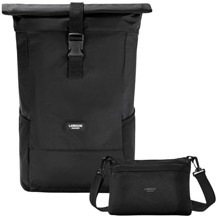 LARKSON Faltbarer Rucksack Leicht Schwarz - Arne - Packable Backpack für Wandern, Reisen, Strand - Rolltop Tagesrucksack Ultraleicht - 15 Liter - Faltbar in Kleine Crossbody Bag