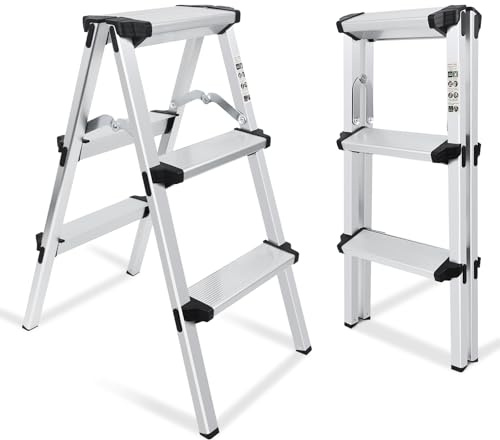 kisidus Escalera Plegable de Aluminio, 2 x 3 peldaños, transitable por Ambos Lados, Escalera doméstica hasta 150 kg, Escalera Multiusos, alumino Antideslizante