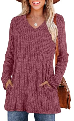 WIHOLL Ladies Jumpers for Womens Long Sleeve Tops V Neck Long Tunic Casual Ladies Tops with Pocket Rose red Size 18-20